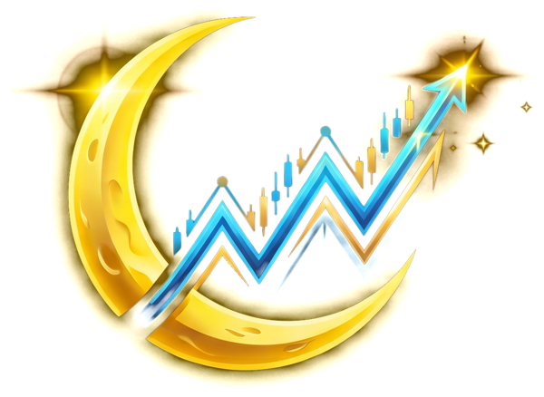Midnight Futures: gold crescent moon with a rising candlestick price line